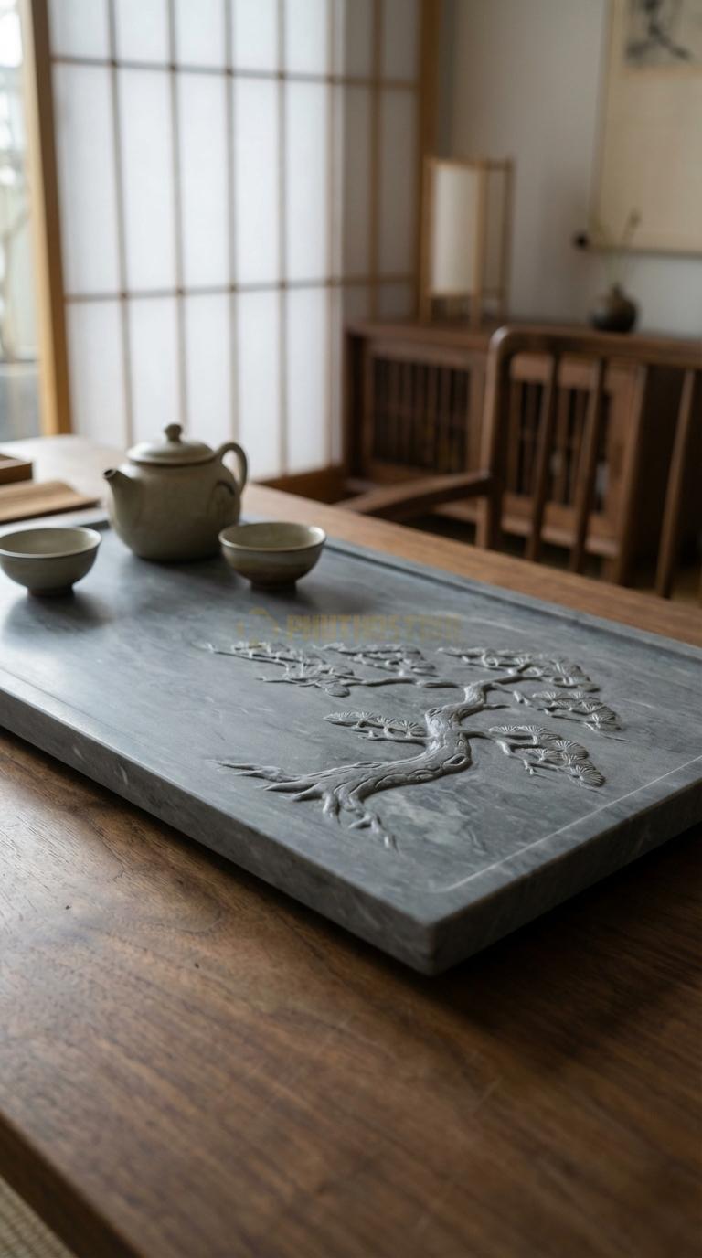 Khay Trà Đá Cẩm Thạch Xám Họa Tiết “Tùng Nghênh Khách” (Cây Tùng Cổ Thụ Vươn Cành Đón Khách). Kích Thước 80 x 45 x 6 Cm.