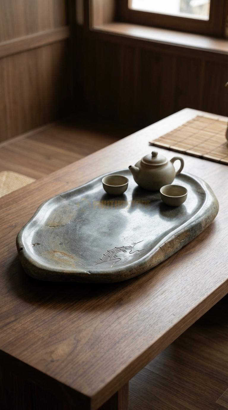 Khay Trà Đá Cuội Họa Tiết “Cầu Kiều” (Cây Cầu Nhỏ Bắc Qua Suối). Kích Thước 55 x 30 x 4 Cm.