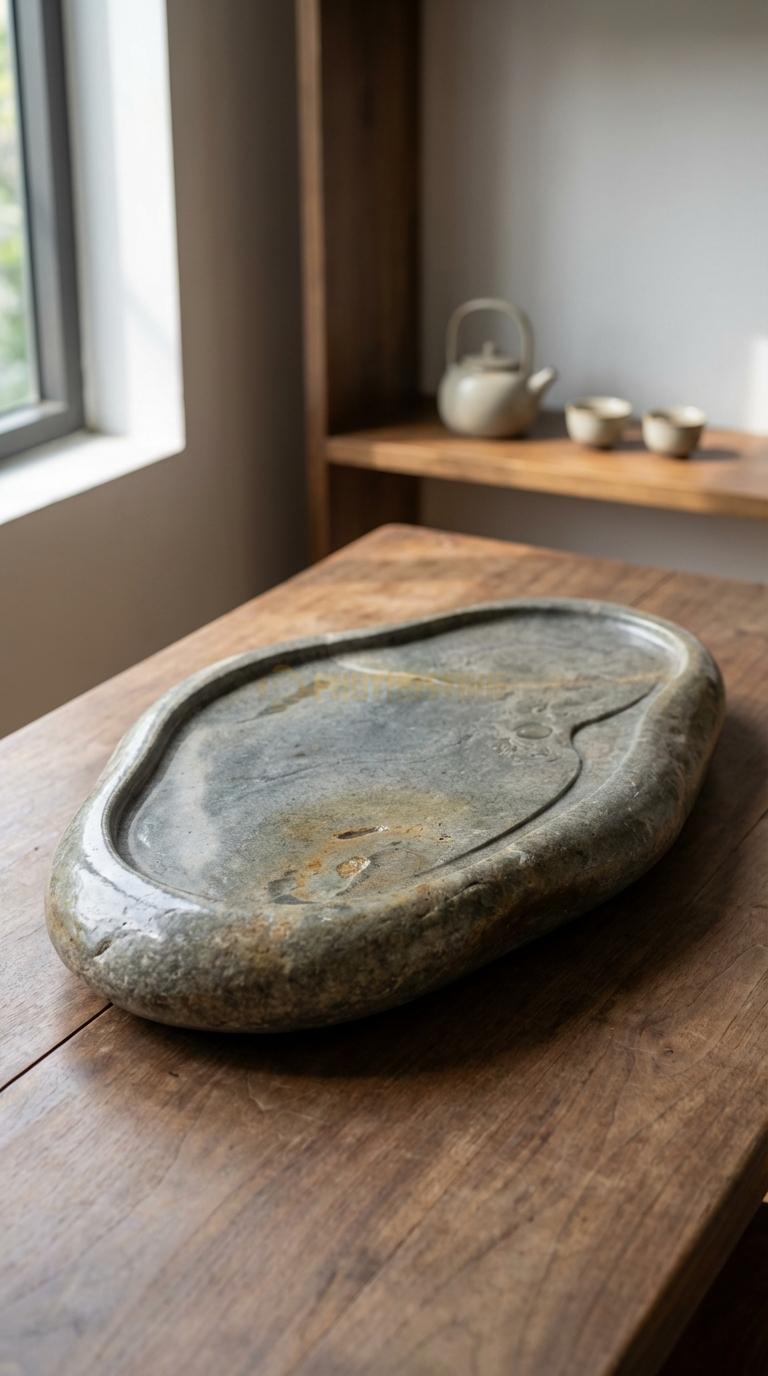 Khay Trà Đá Cuội Họa Tiết “Cửu Long Tranh Châu” (9 Con Rồng Vờn Ngọc). Kích Thước 100 x 60 x 8 Cm.