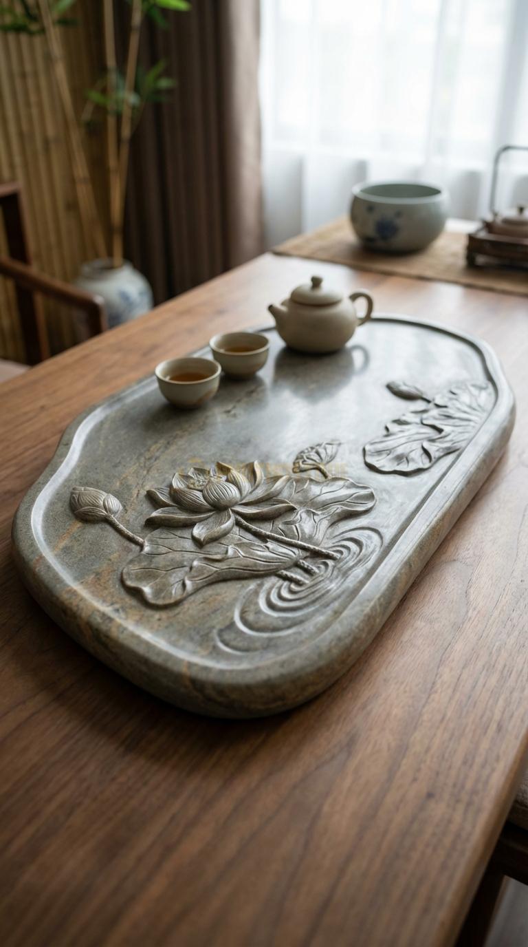 Khay Trà Đá Cuội Họa Tiết “Hoa Sen Nở” (Hồ Sen Với Lá Và Hoa Chạm Nổi 3D). Kích Thước 65 x 38 x 4.5 Cm.