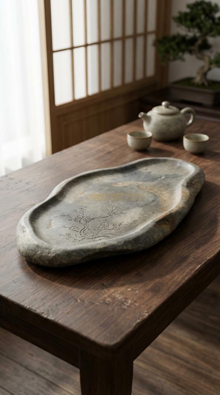 Khay Trà Đá Cuội Họa Tiết “Rừng Mai Ngày Tết” (Gốc Mai Già Trổ Hoa). Kích Thước 68 x 38 x 5 Cm.