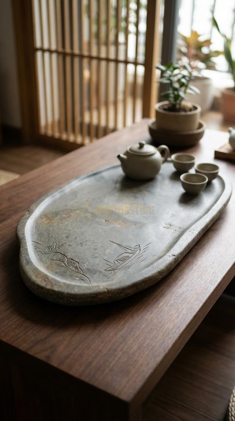 Khay Trà Đá Cuội Họa Tiết “Thuyền Nan Bến Đỗ” (Con Thuyền Nhỏ Neo Đậu Cạnh Vách Núi). Kích Thước 82 x 44 x 6 Cm.