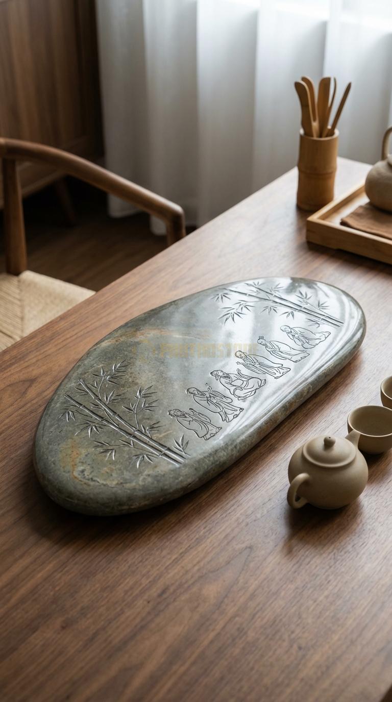 Khay Trà Đá Cuội Họa Tiết “Trúc Lâm Thất Hiền” (Rừng Trúc Và Các Bậc Hiền Nhân). Kích Thước 60 x 35 x 4 Cm.