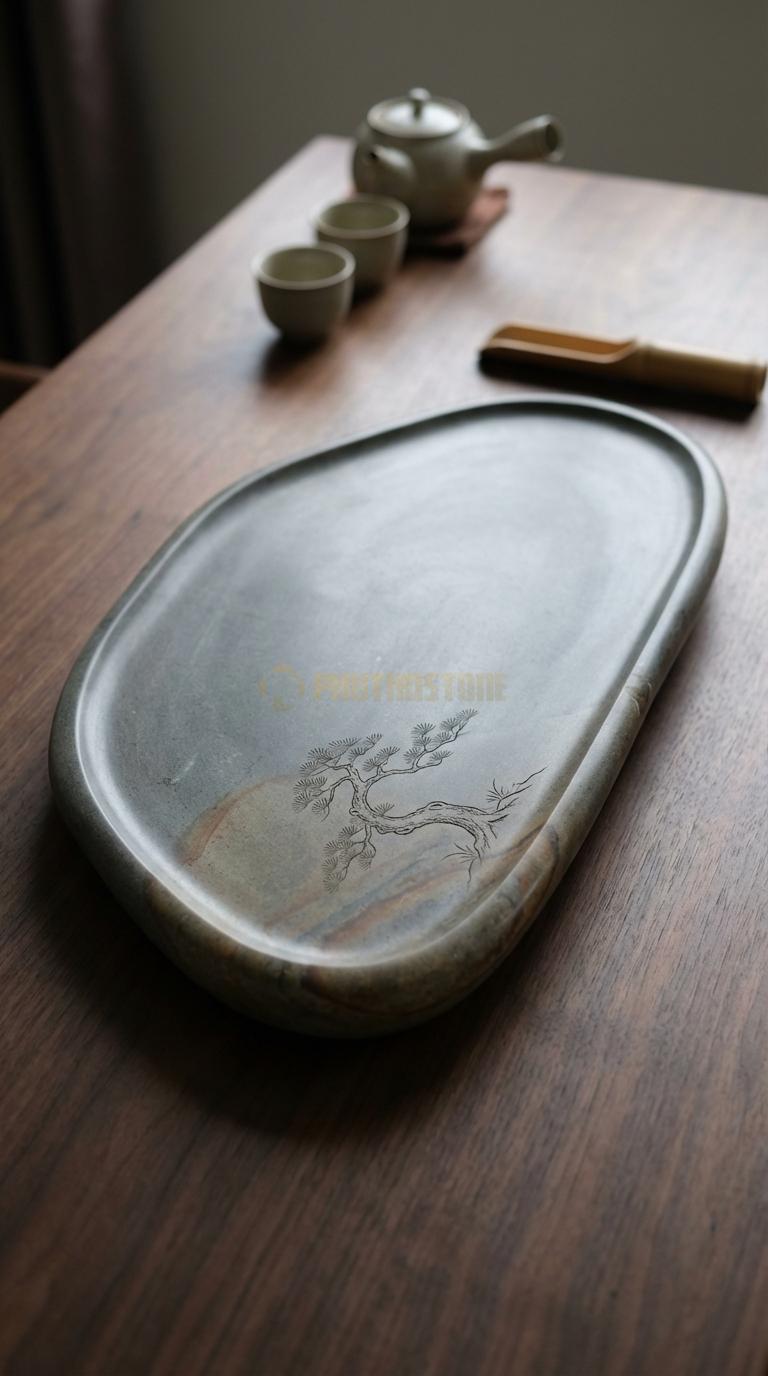 Khay Trà Đá Cuội Họa Tiết “Tùng Nghênh Khách” (Cây Tùng Cổ Thụ Vươn Cành Đón Khách). Kích Thước 80 x 45 x 6 Cm.