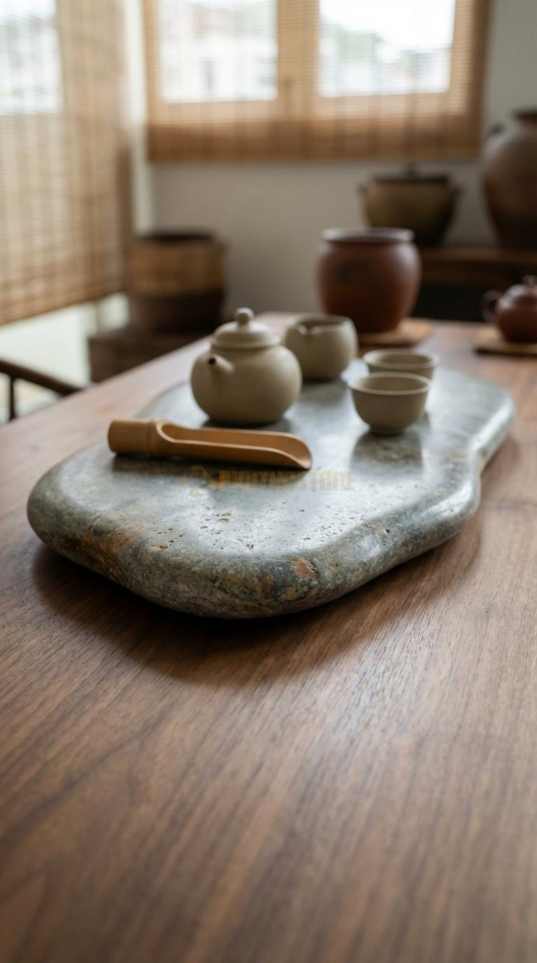 Khay Trà Đá Cuội Họa Tiết “Vịnh Hạ Long” (Mô Phỏng Các Hòn Đảo Đá Trên Mặt Nước). Kích Thước 100 x 55 x 8 Cm.
