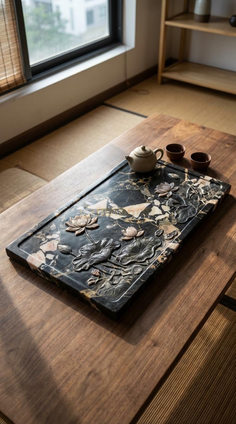 Khay Trà Đá Da Báo Họa Tiết “Hoa Sen Nở” (Hồ Sen Với Lá Và Hoa Chạm Nổi 3D). Kích Thước 65 x 38 x 4.5 Cm.