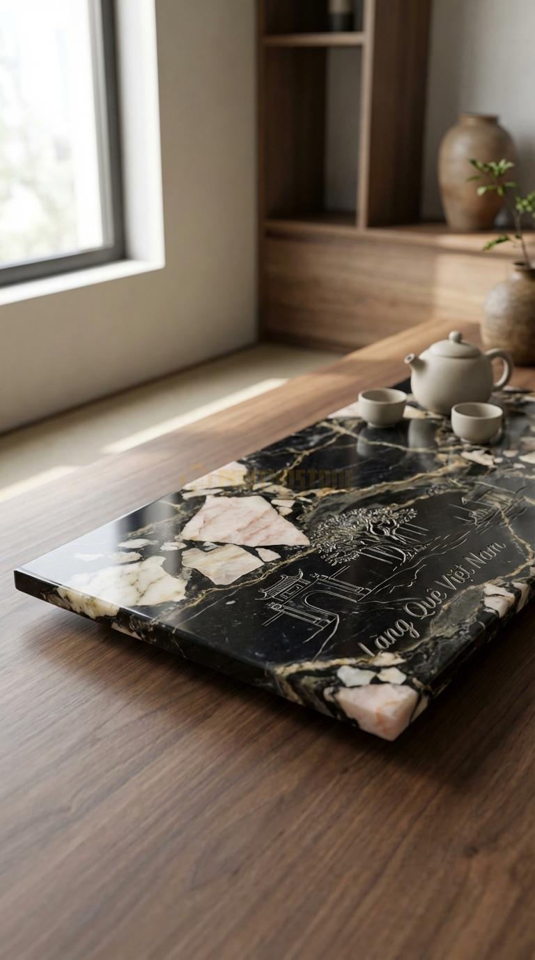 Khay Trà Đá Da Báo Họa Tiết “Làng Quê Việt Nam” (Cổng Làng, Cây Đa, Bến Nước). Kích Thước 90 x 50 x 5 Cm.