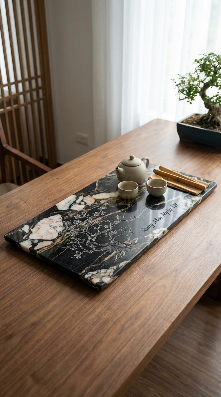 Khay Trà Đá Da Báo Họa Tiết “Rừng Mai Ngày Tết” (Gốc Mai Già Trổ Hoa). Kích Thước 68 x 38 x 5 Cm.