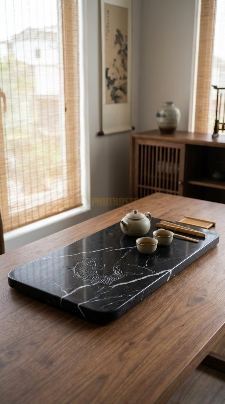 Khay Trà Đá Đen Tia Chớp Họa Tiết “Cá Chép Hóa Rồng” (Cá Chép Vượt Vũ Môn). Kích Thước 72 x 38 x 5 Cm.