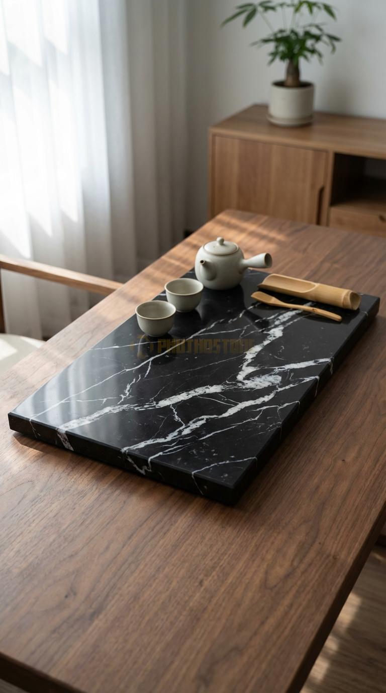 Khay Trà Đá Đen Tia Chớp Họa Tiết “Hổ Xuống Núi” (Mãnh Hổ Uy Nghi Bên Sườn Núi). Kích Thước 85 x 50 x 6 Cm.