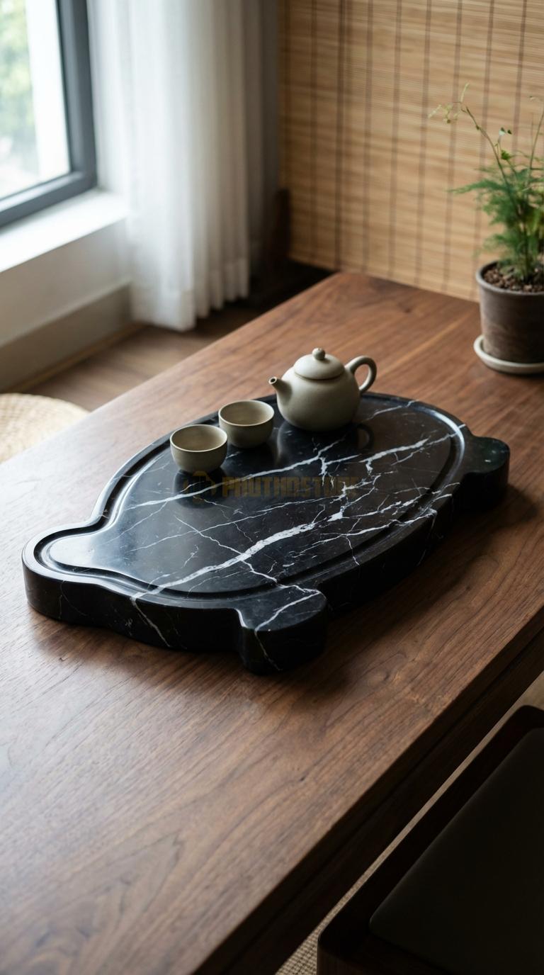 Khay Trà Đá Đen Tia Chớp Họa Tiết “Quy Bôi” (Hình Dáng Rùa Thần Cõng Bia Đá). Kích Thước 55 x 35 x 6 Cm.