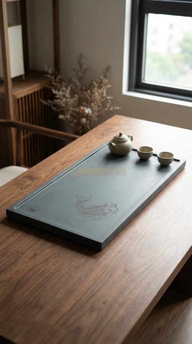 Khay Trà Đá Granite Họa Tiết “Cá Chép Hóa Rồng” (Cá Chép Vượt Vũ Môn). Kích Thước 72 x 38 x 5 Cm.