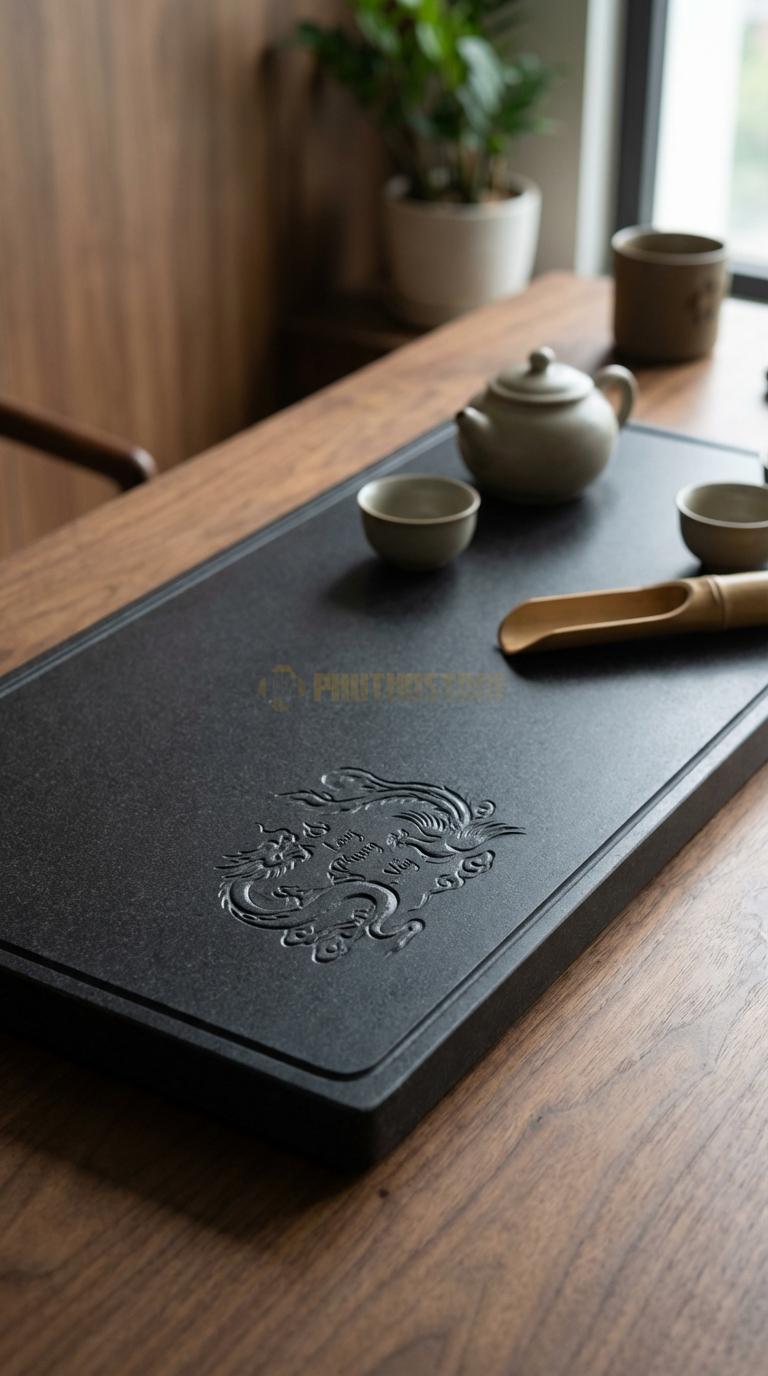 Khay Trà Đá Granite Họa Tiết “Long Phụng Sum Vầy” (Rồng Và Phượng Múa Lượn). Kích Thước 80 x 40 x 4 Cm.