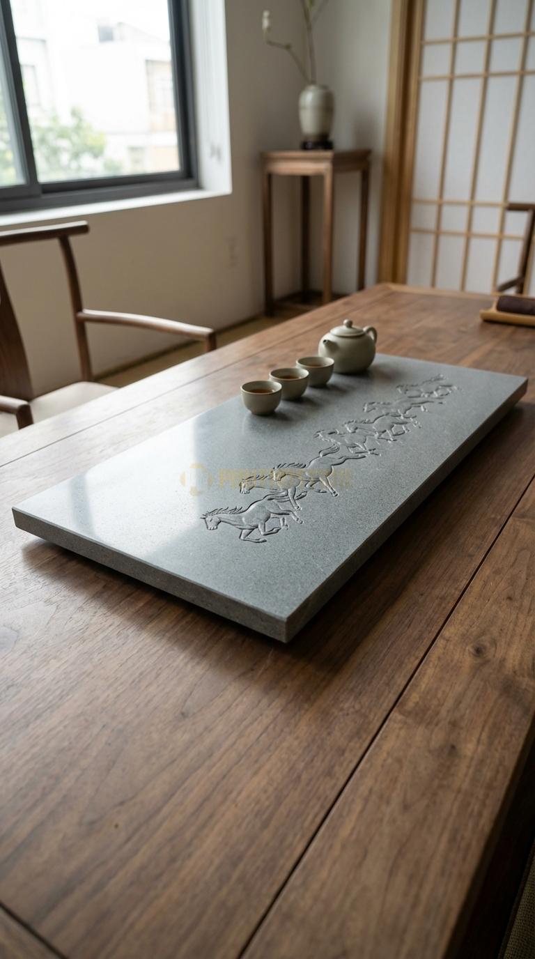 Khay Trà Đá Granite Họa Tiết “Mã Đáo Thành Công” (8 Chú Ngựa Đang Phi Nước Đại). Kích Thước 90 x 45 x 5 Cm.
