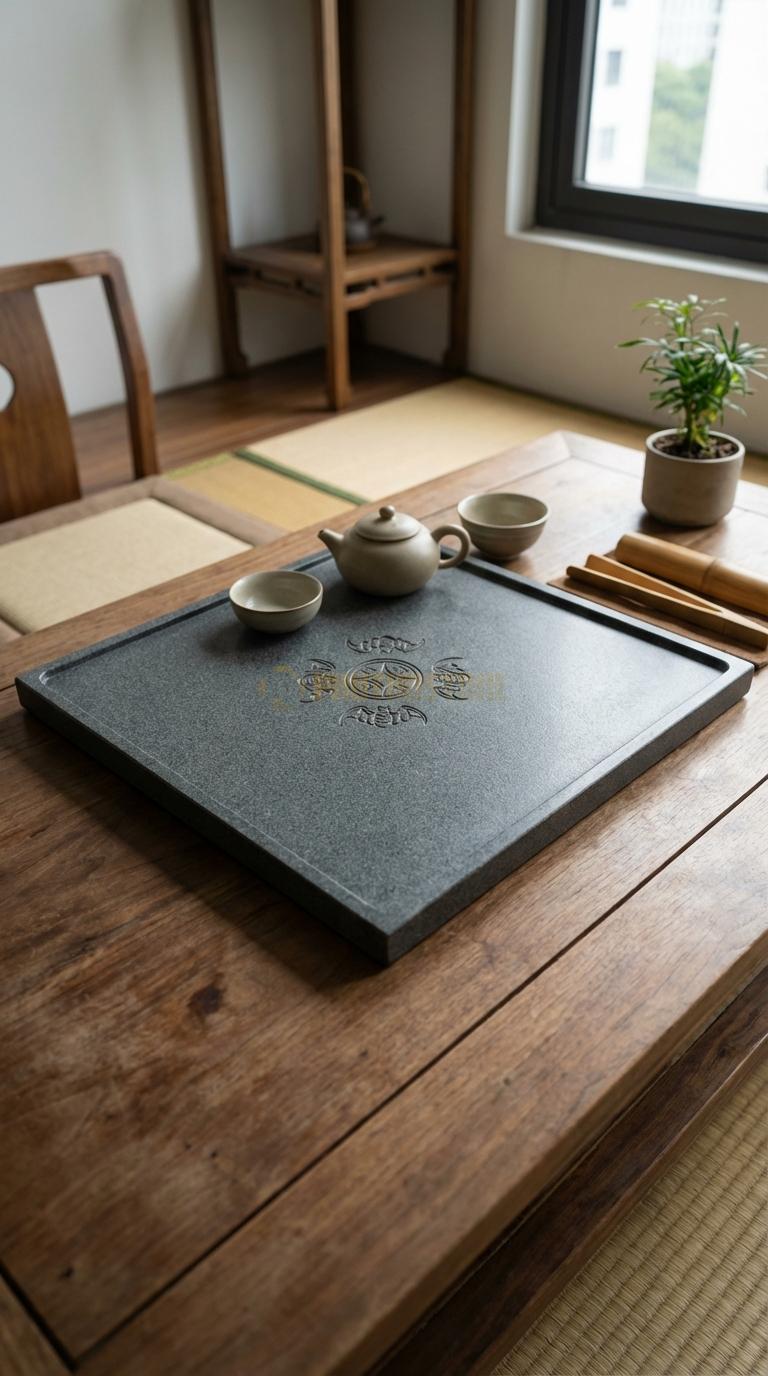 Khay Trà Đá Granite Họa Tiết “Ngũ Phúc Lâm Môn” (5 Con Dơi Ngậm Tiền Xu). Kích Thước 60 x 60 x 4 Cm (Vuông).