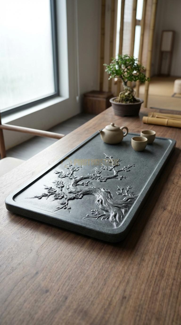 Khay Trà Đá Granite Họa Tiết “Rừng Mai Ngày Tết” (Gốc Mai Già Trổ Hoa). Kích Thước 68 x 38 x 5 Cm.