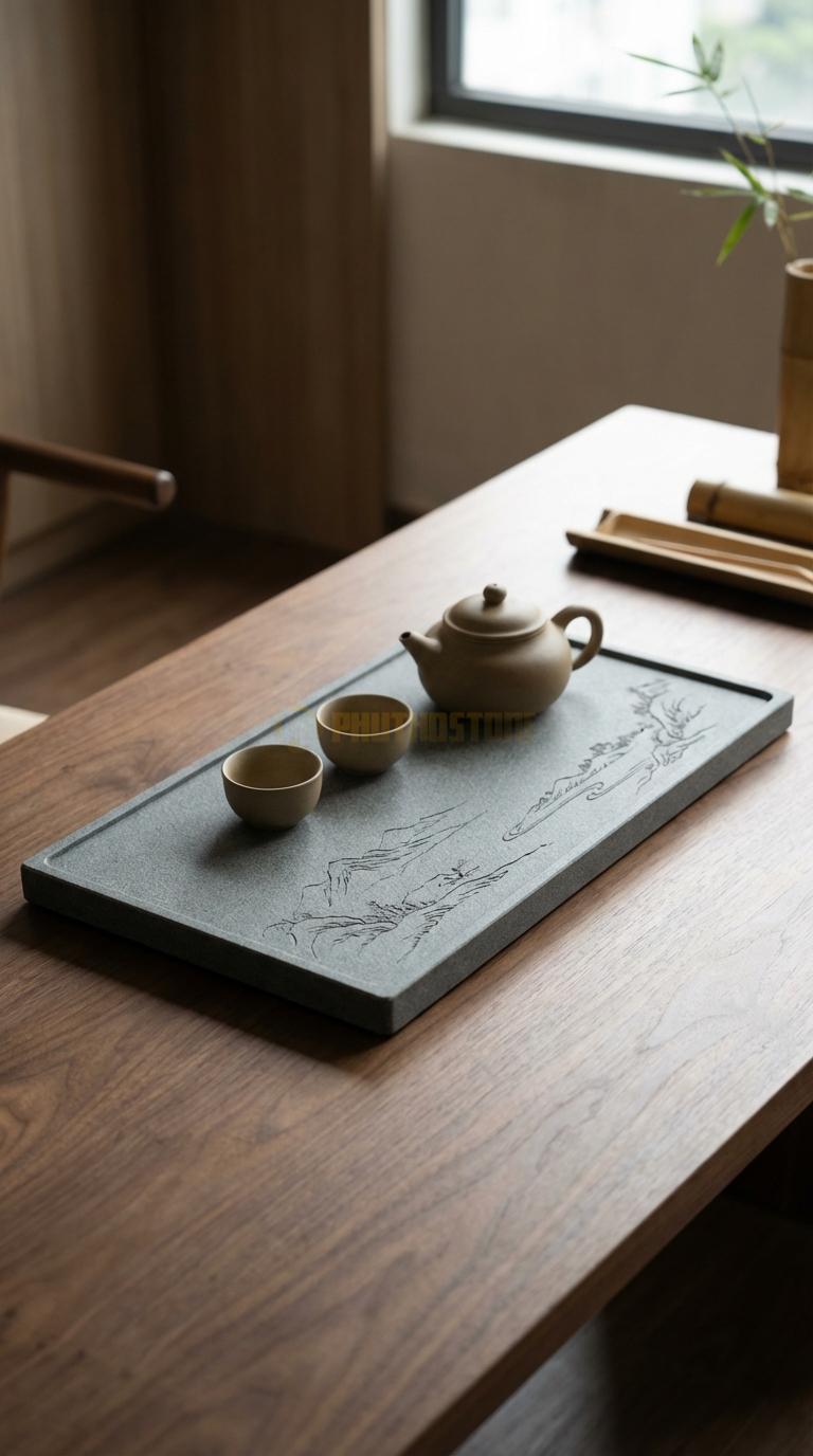 Khay Trà Đá Granite Họa Tiết “Sơn Thủy Hữu Tình” (Núi Non Trùng Điệp, Dòng Sông Uốn Lượn). Kích Thước 70 x 40 x 5 Cm.