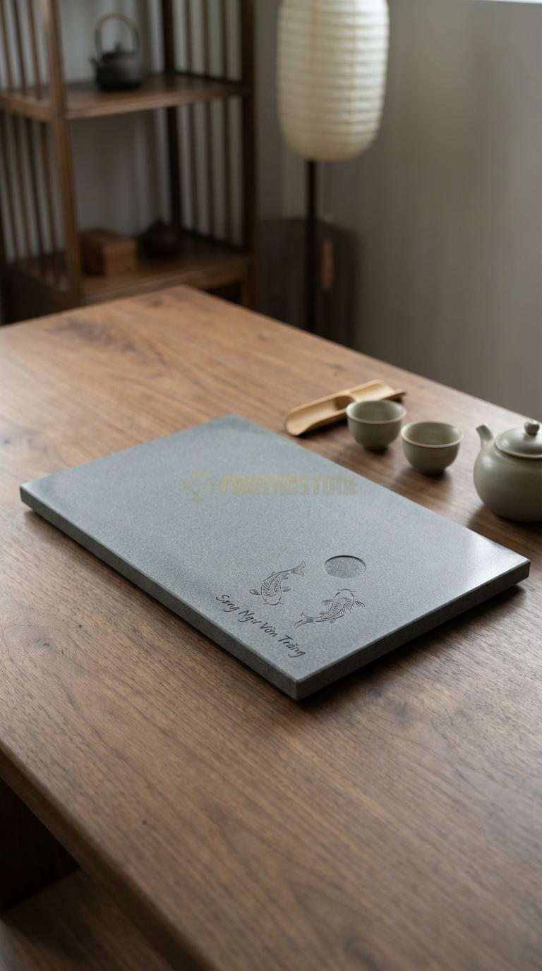 Khay Trà Đá Granite Họa Tiết “Song Ngư Vờn Trăng” (Đôi Cá Chép Dưới Ánh Trăng). Kích Thước 50 x 35 x 3 Cm.
