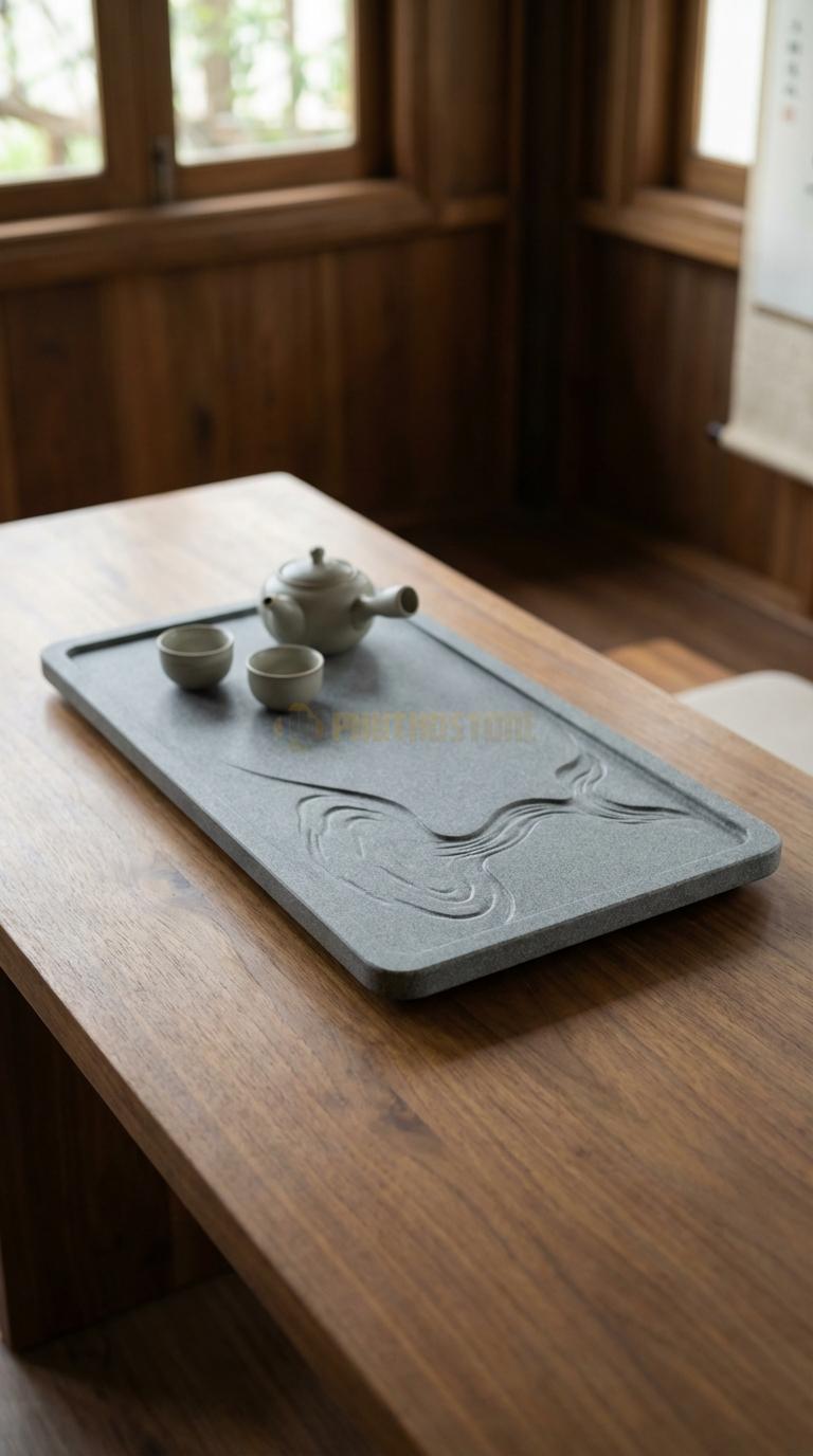 Khay Trà Đá Granite Họa Tiết “Thác Nước Chảy” (Tạo Hình Dòng Thác Đổ Xuống Hồ Trà). Kích Thước 75 x 42 x 7 Cm.