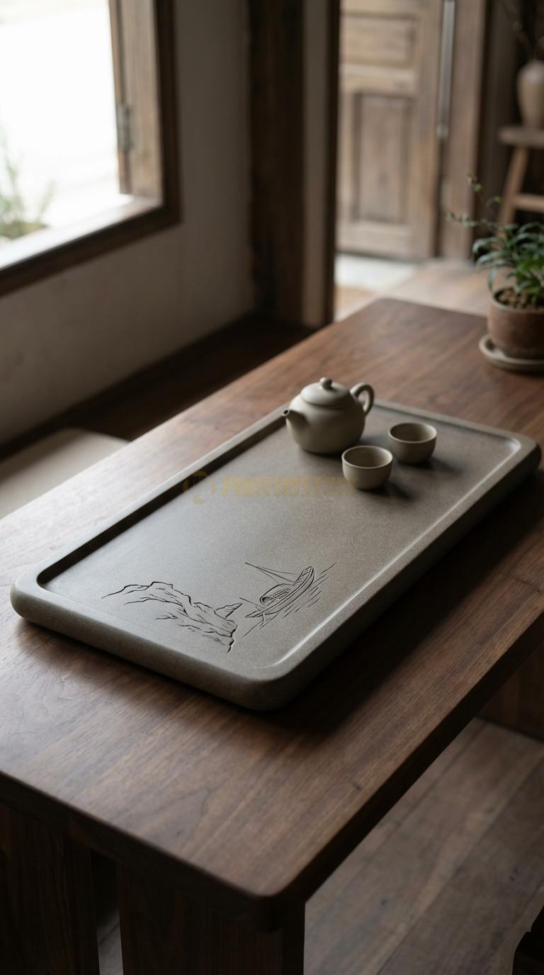 Khay Trà Đá Granite Họa Tiết “Thuyền Nan Bến Đỗ” (Con Thuyền Nhỏ Neo Đậu Cạnh Vách Núi). Kích Thước 82 x 44 x 6 Cm.