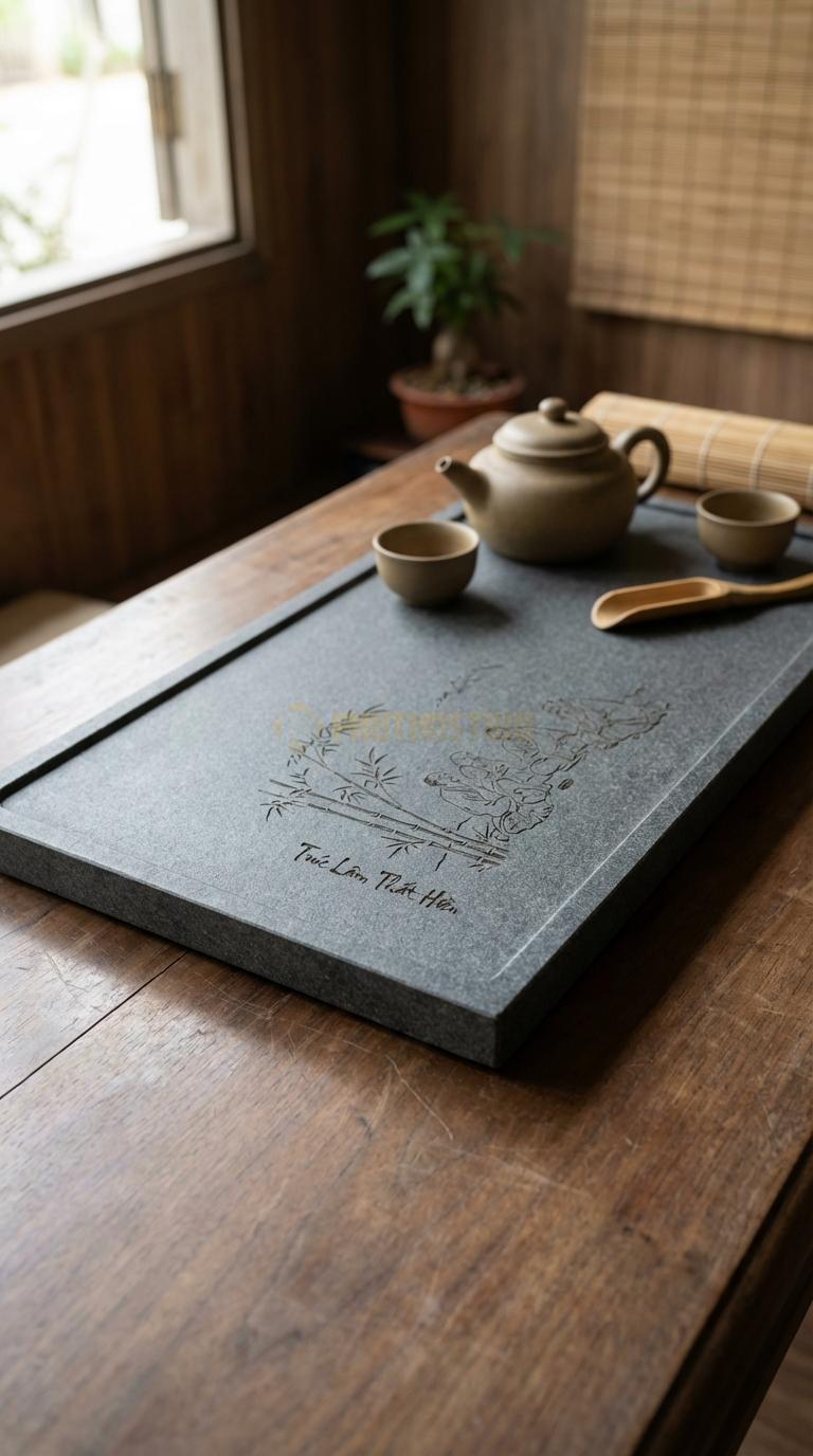 Khay Trà Đá Granite Họa Tiết “Trúc Lâm Thất Hiền” (Rừng Trúc Và Các Bậc Hiền Nhân). Kích Thước 60 x 35 x 4 Cm.