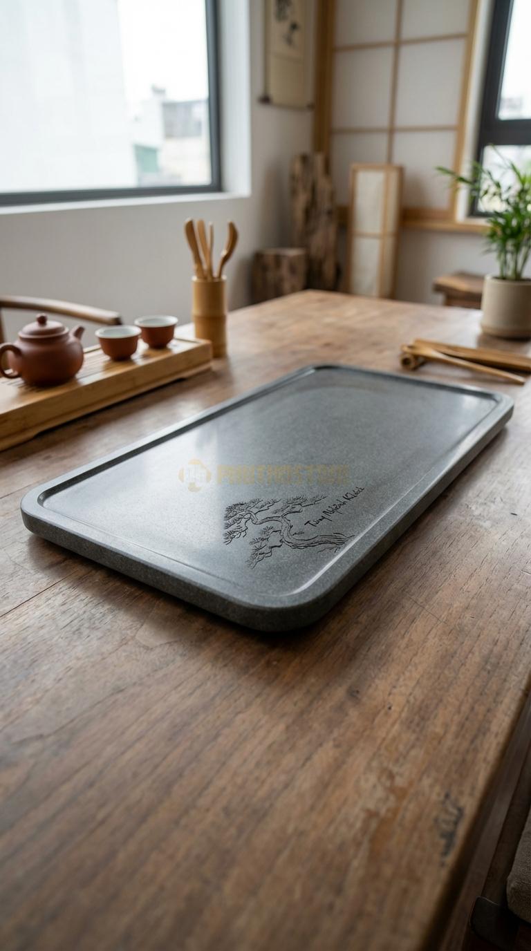 Khay Trà Đá Granite Họa Tiết “Tùng Nghênh Khách” (Cây Tùng Cổ Thụ Vươn Cành Đón Khách). Kích Thước 80 x 45 x 6 Cm.