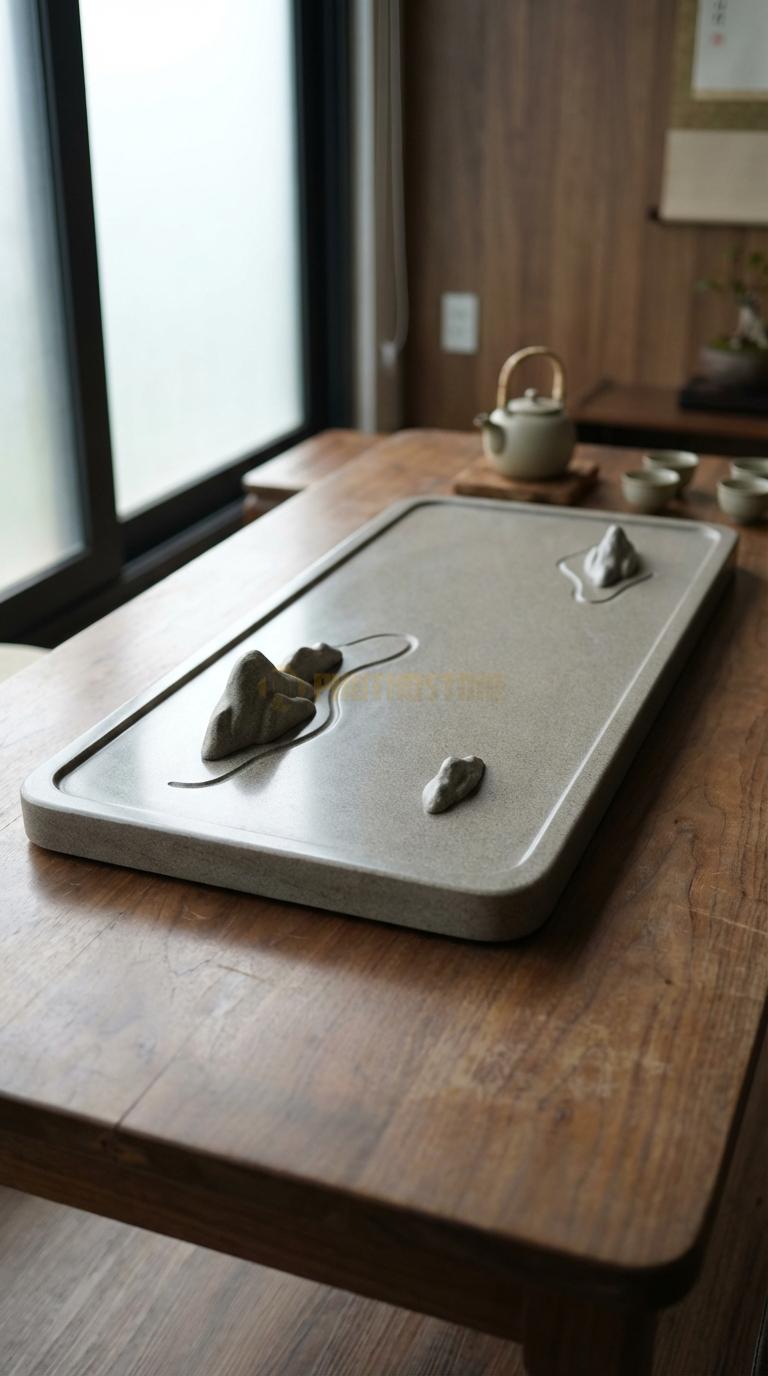 Khay Trà Đá Granite Họa Tiết “Vịnh Hạ Long” (Mô Phỏng Các Hòn Đảo Đá Trên Mặt Nước). Kích Thước 100 x 55 x 8 Cm.