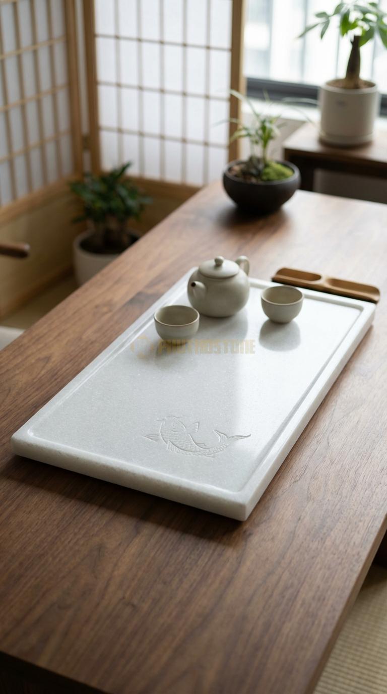 Khay Trà Đá Trắng Muối Họa Tiết “Cá Chép Hóa Rồng” (Cá Chép Vượt Vũ Môn). Kích Thước 72 x 38 x 5 Cm.