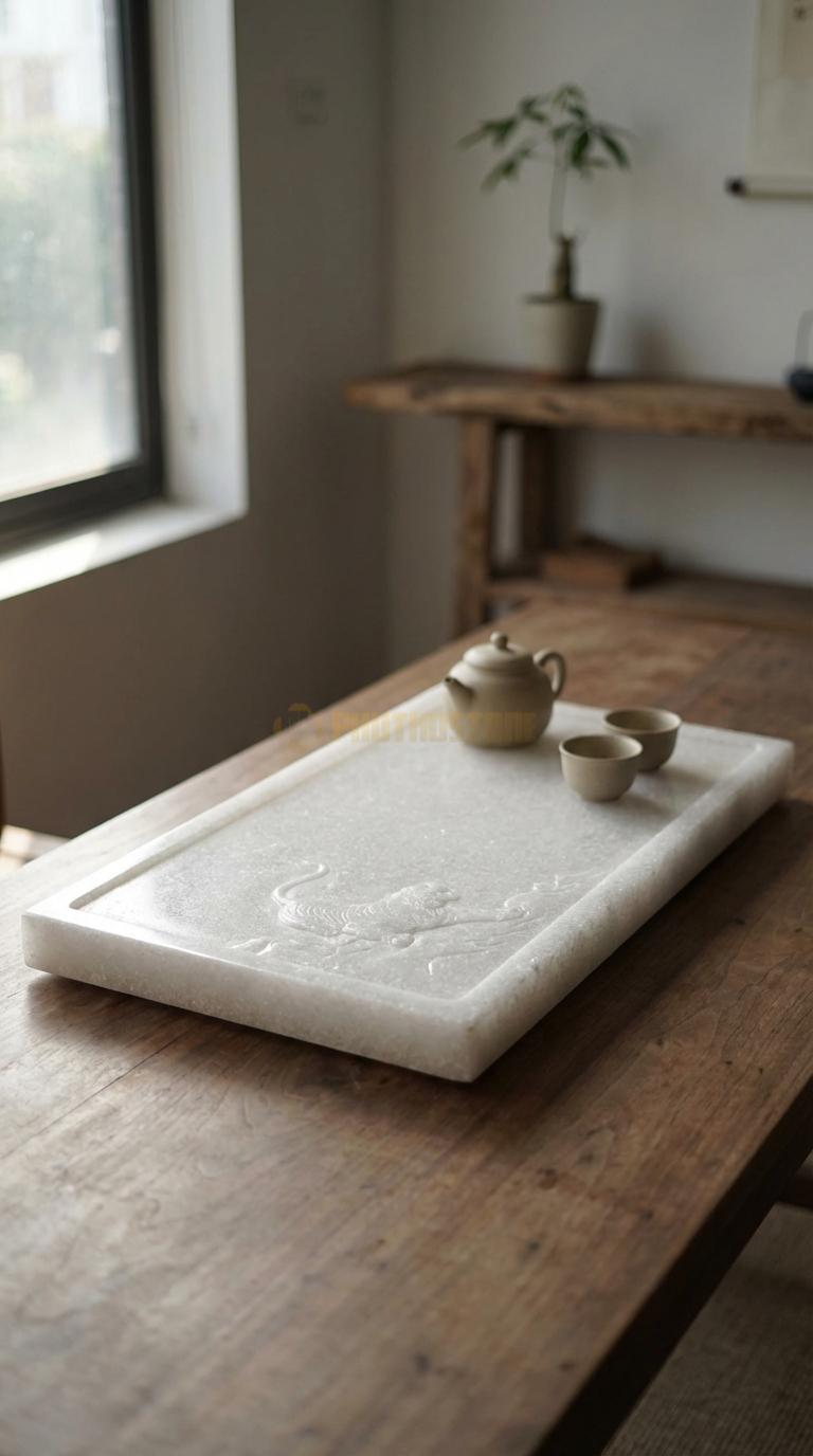 Khay Trà Đá Trắng Muối Họa Tiết “Hổ Xuống Núi” (Mãnh Hổ Uy Nghi Bên Sườn Núi). Kích Thước 85 x 50 x 6 Cm.