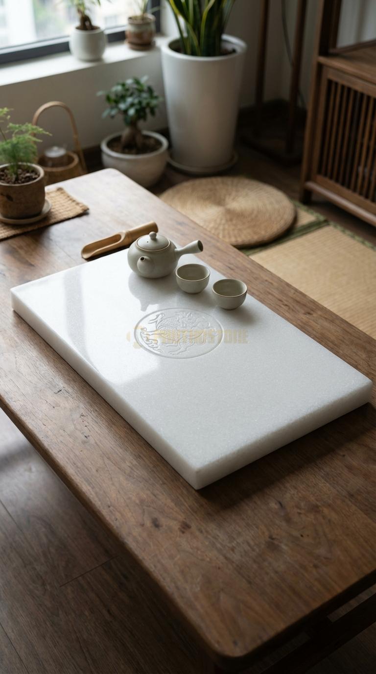 Khay Trà Đá Trắng Muối Họa Tiết “Kỳ Lân Tống Tử” (Kỳ Lân Mang Điềm Lành). Kích Thước 65 x 40 x 4.5 Cm.