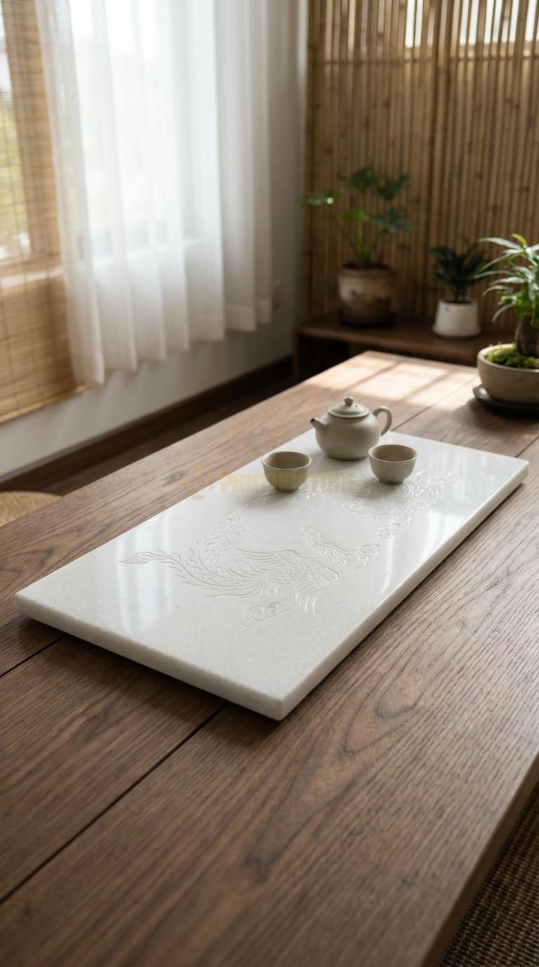 Khay Trà Đá Trắng Muối Họa Tiết “Long Phụng Sum Vầy” (Rồng Và Phượng Múa Lượn). Kích Thước 80 x 40 x 4 Cm.
