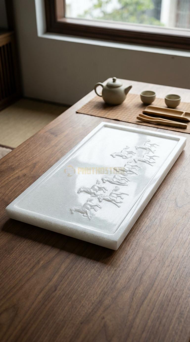 Khay Trà Đá Trắng Muối Họa Tiết “Mã Đáo Thành Công” (8 Chú Ngựa Đang Phi Nước Đại). Kích Thước 90 x 45 x 5 Cm.