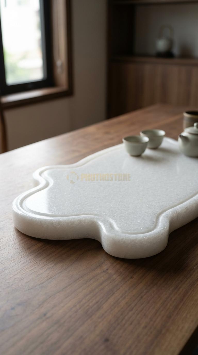 Khay Trà Đá Trắng Muối Họa Tiết “Quy Bôi” (Hình Dáng Rùa Thần Cõng Bia Đá). Kích Thước 55 x 35 x 6 Cm.
