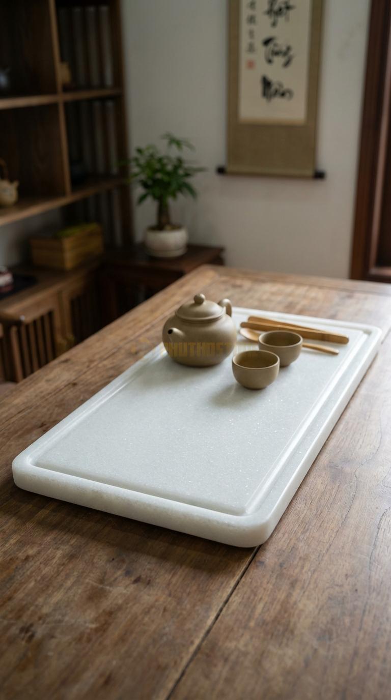 Khay Trà Đá Trắng Muối Họa Tiết “Rừng Mai Ngày Tết” (Gốc Mai Già Trổ Hoa). Kích Thước 68 x 38 x 5 Cm.
