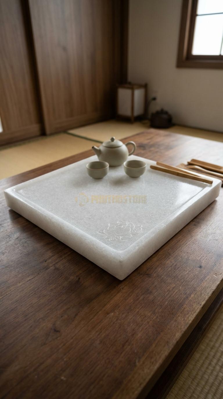 Khay Trà Đá Trắng Muối Họa Tiết “Thiềm Thừ Ngậm Tiền” (Cóc 3 Chân Phong Thủy). Kích Thước 45 x 45 x 5 Cm.