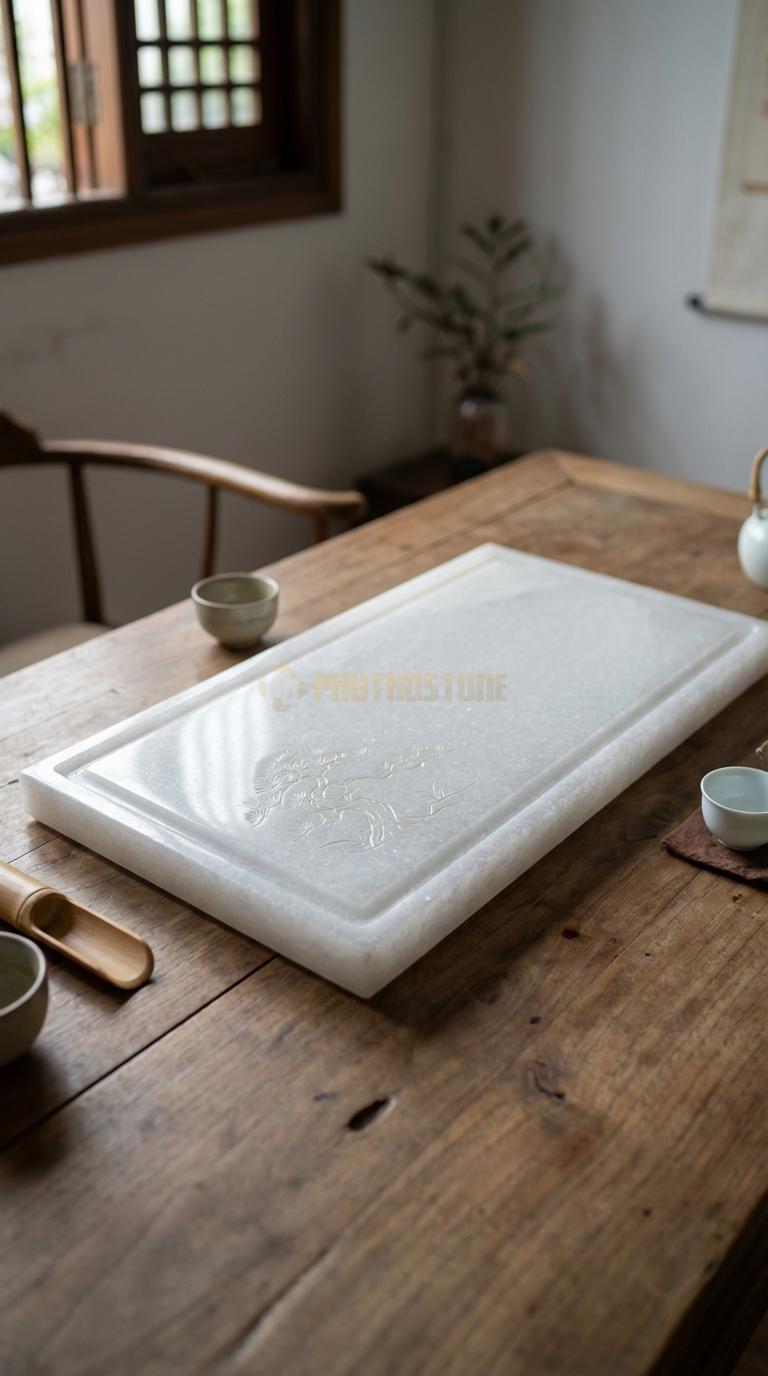 Khay Trà Đá Trắng Muối Họa Tiết “Tùng Nghênh Khách” (Cây Tùng Cổ Thụ Vươn Cành Đón Khách). Kích Thước 80 x 45 x 6 Cm.