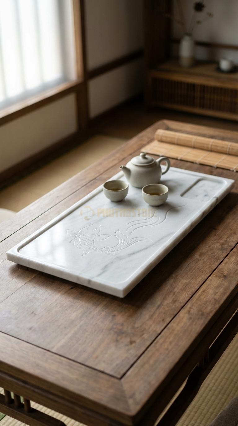 Khay Trà Đá Trắng Xanh Họa Tiết “Cá Chép Hóa Rồng” (Cá Chép Vượt Vũ Môn). Kích Thước 72 x 38 x 5 Cm.