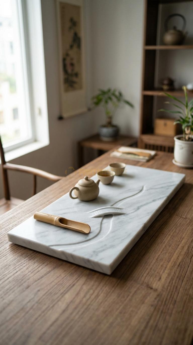 Khay Trà Đá Trắng Xanh Họa Tiết “Cầu Kiều” (Cây Cầu Nhỏ Bắc Qua Suối). Kích Thước 55 x 30 x 4 Cm.