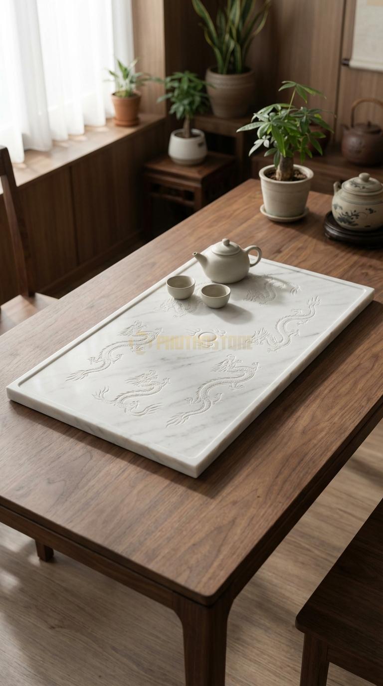 Khay Trà Đá Trắng Xanh Họa Tiết “Cửu Long Tranh Châu” (9 Con Rồng Vờn Ngọc). Kích Thước 100 x 60 x 8 Cm.