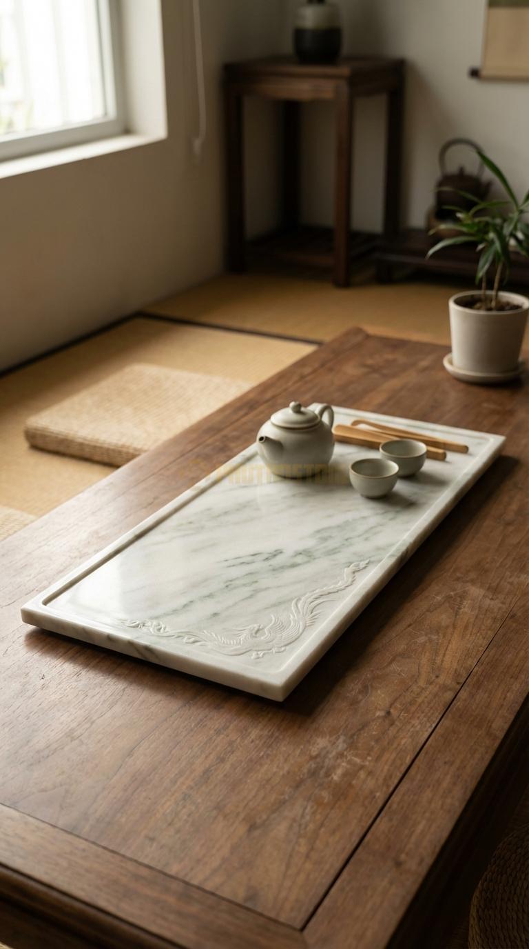 Khay Trà Đá Trắng Xanh Họa Tiết “Long Phụng Sum Vầy” (Rồng Và Phượng Múa Lượn). Kích Thước 80 x 40 x 4 Cm.