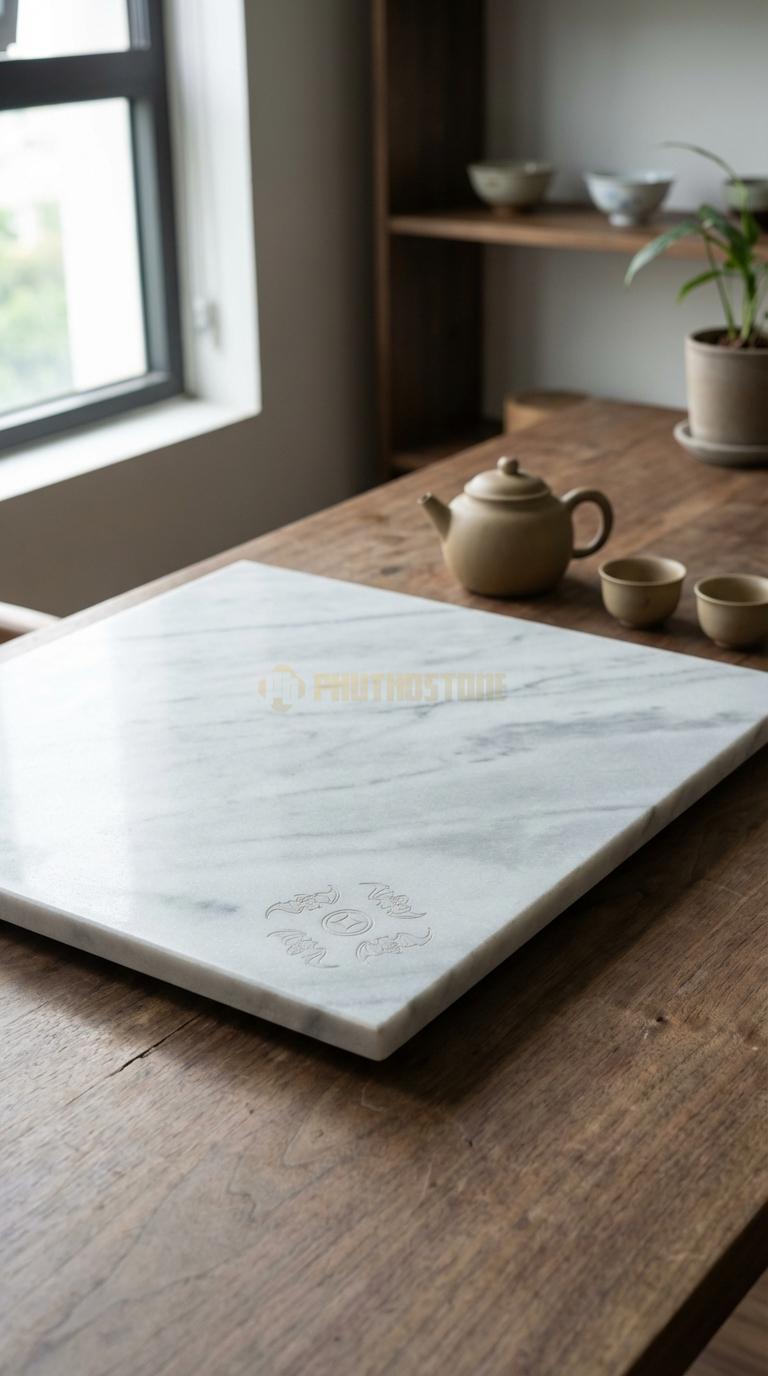 Khay Trà Đá Trắng Xanh Họa Tiết “Ngũ Phúc Lâm Môn” (5 Con Dơi Ngậm Tiền Xu). Kích Thước 60 x 60 x 4 Cm (Vuông).