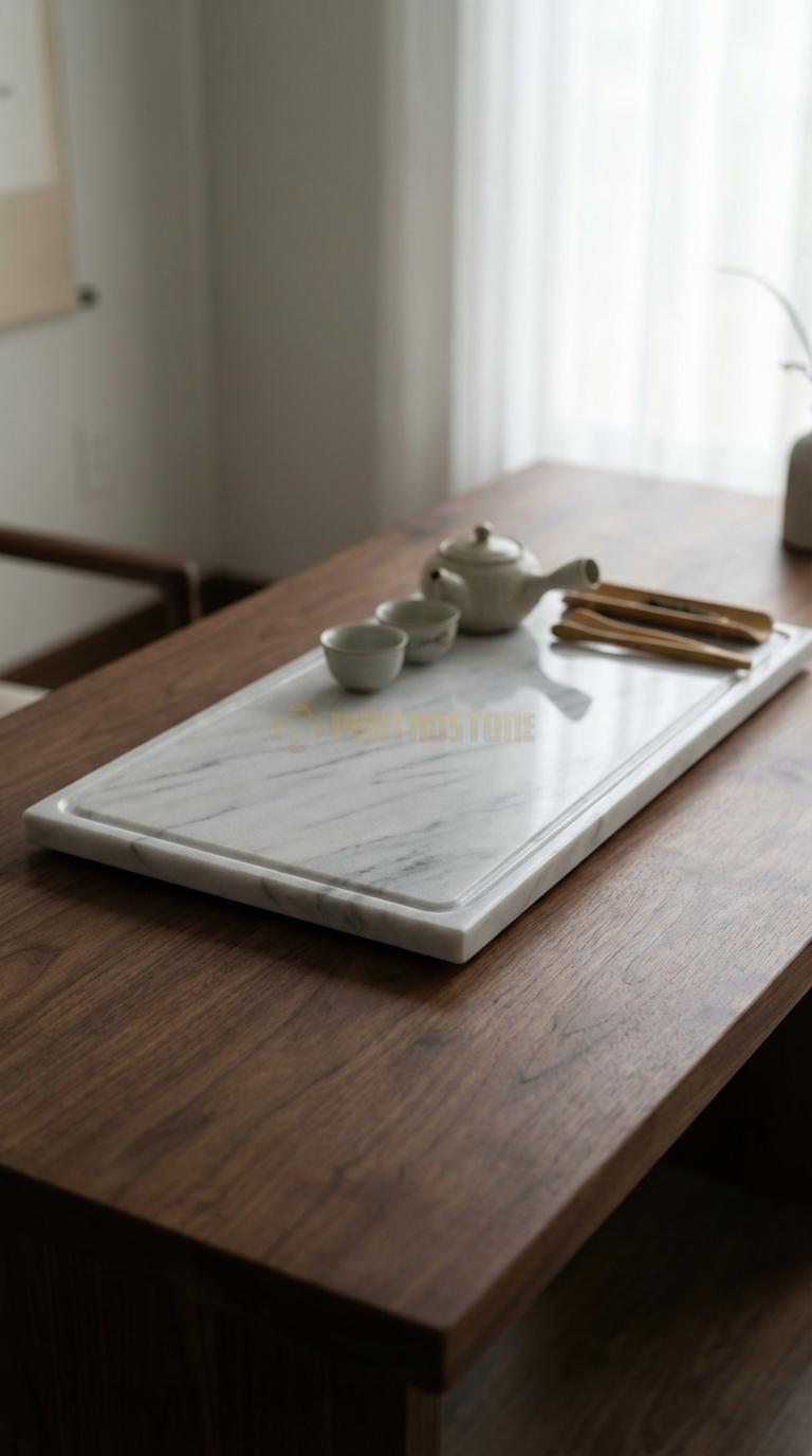 Khay Trà Đá Trắng Xanh Họa Tiết “Rừng Mai Ngày Tết” (Gốc Mai Già Trổ Hoa). Kích Thước 68 x 38 x 5 Cm.