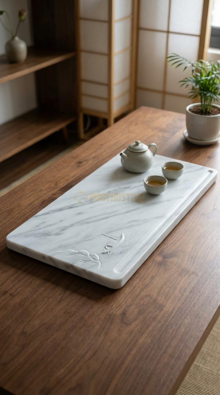 Khay Trà Đá Trắng Xanh Họa Tiết “Thuyền Nan Bến Đỗ” (Con Thuyền Nhỏ Neo Đậu Cạnh Vách Núi). Kích Thước 82 x 44 x 6 Cm.