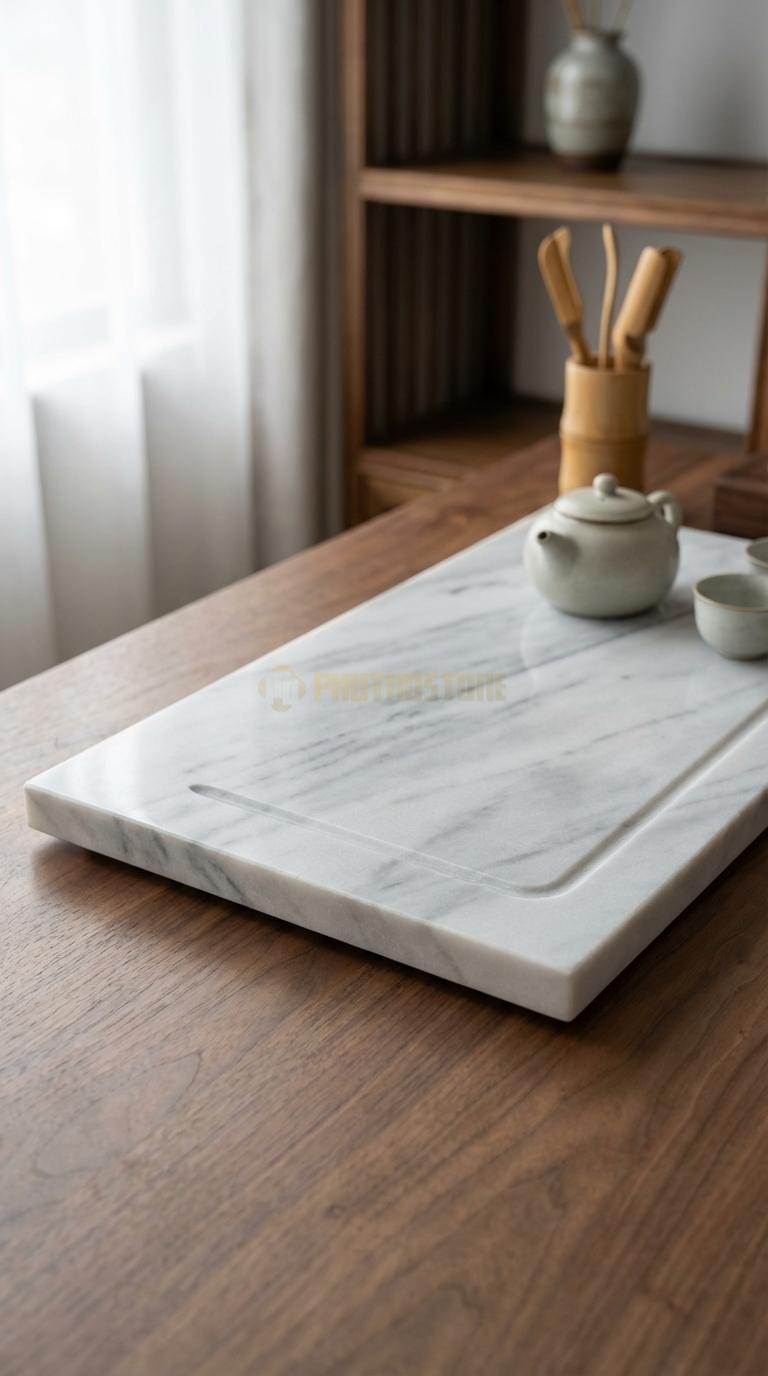 Khay Trà Đá Trắng Xanh Họa Tiết “Trúc Lâm Thất Hiền” (Rừng Trúc Và Các Bậc Hiền Nhân). Kích Thước 60 x 35 x 4 Cm.