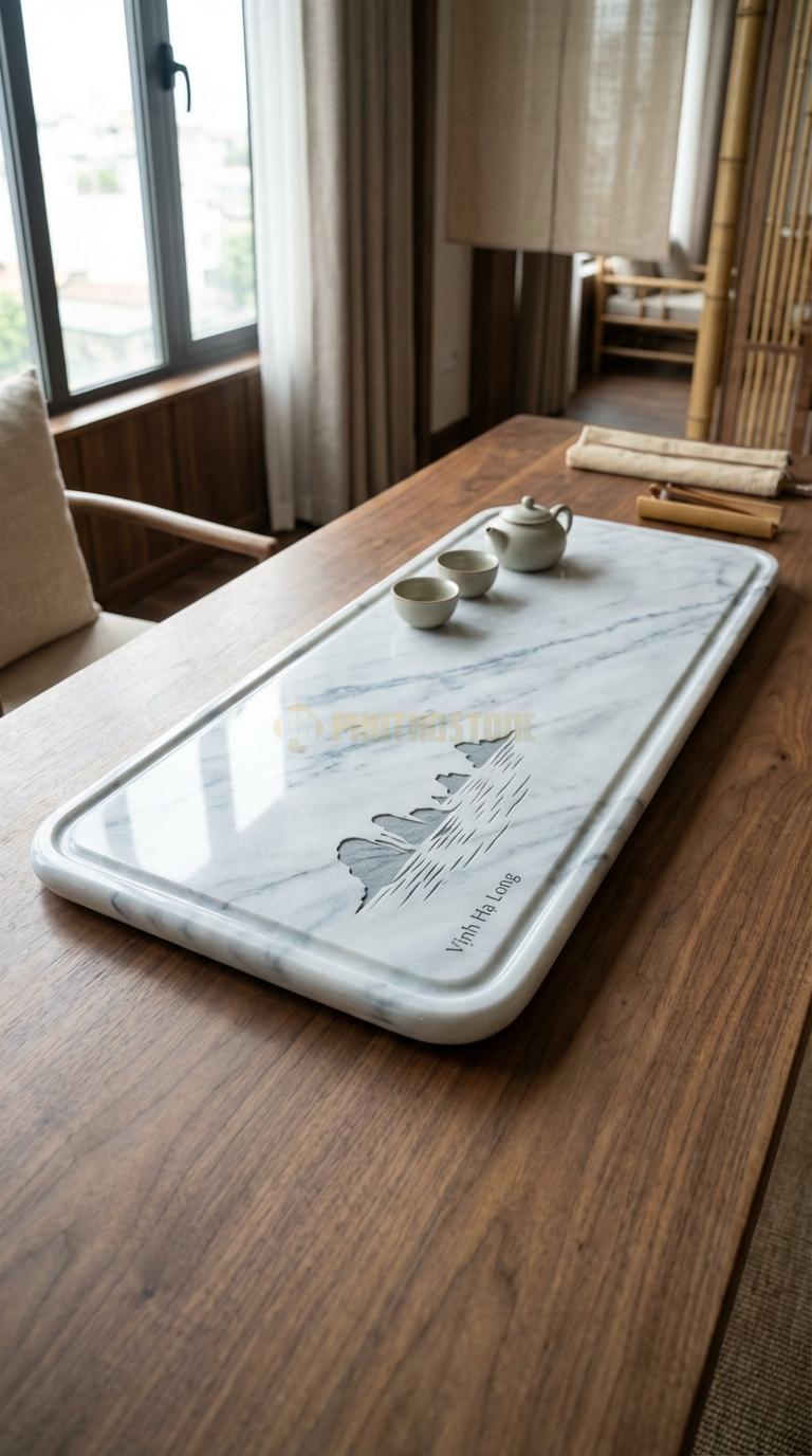 Khay Trà Đá Trắng Xanh Họa Tiết “Vịnh Hạ Long” (Mô Phỏng Các Hòn Đảo Đá Trên Mặt Nước). Kích Thước 100 x 55 x 8 Cm.