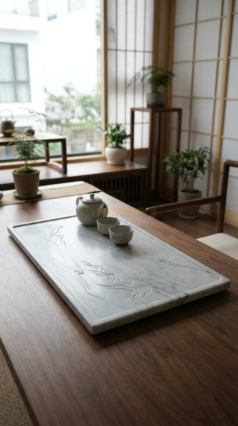 Khay Trà Đá Trắng Yên Bái Họa Tiết “Sơn Thủy Hữu Tình” (Núi Non Trùng Điệp, Dòng Sông Uốn Lượn). Kích Thước 70 x 40 x 5 Cm.