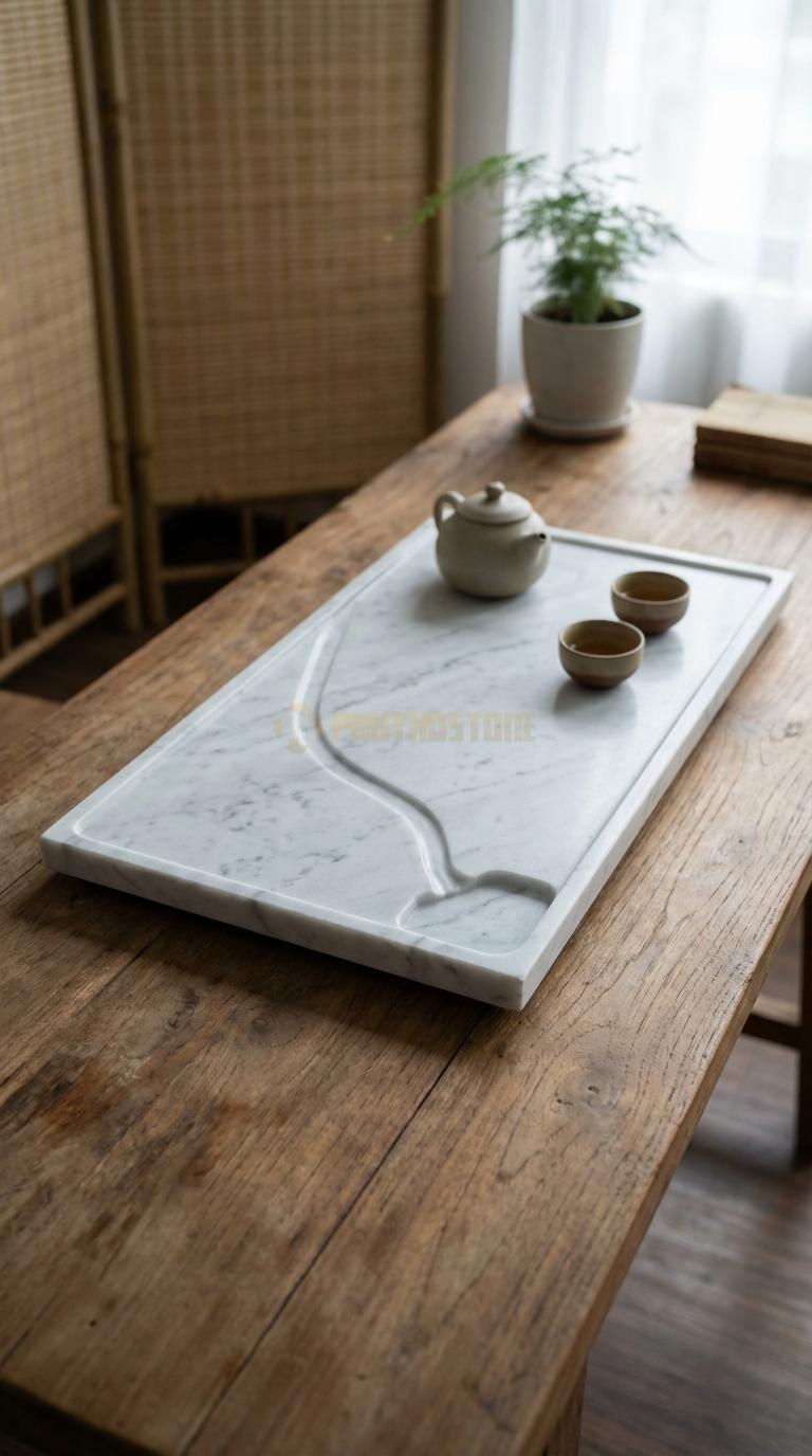 Khay Trà Đá Trắng Yên Bái Họa Tiết “Thác Nước Chảy” (Tạo Hình Dòng Thác Đổ Xuống Hồ Trà). Kích Thước 75 x 42 x 7 Cm.