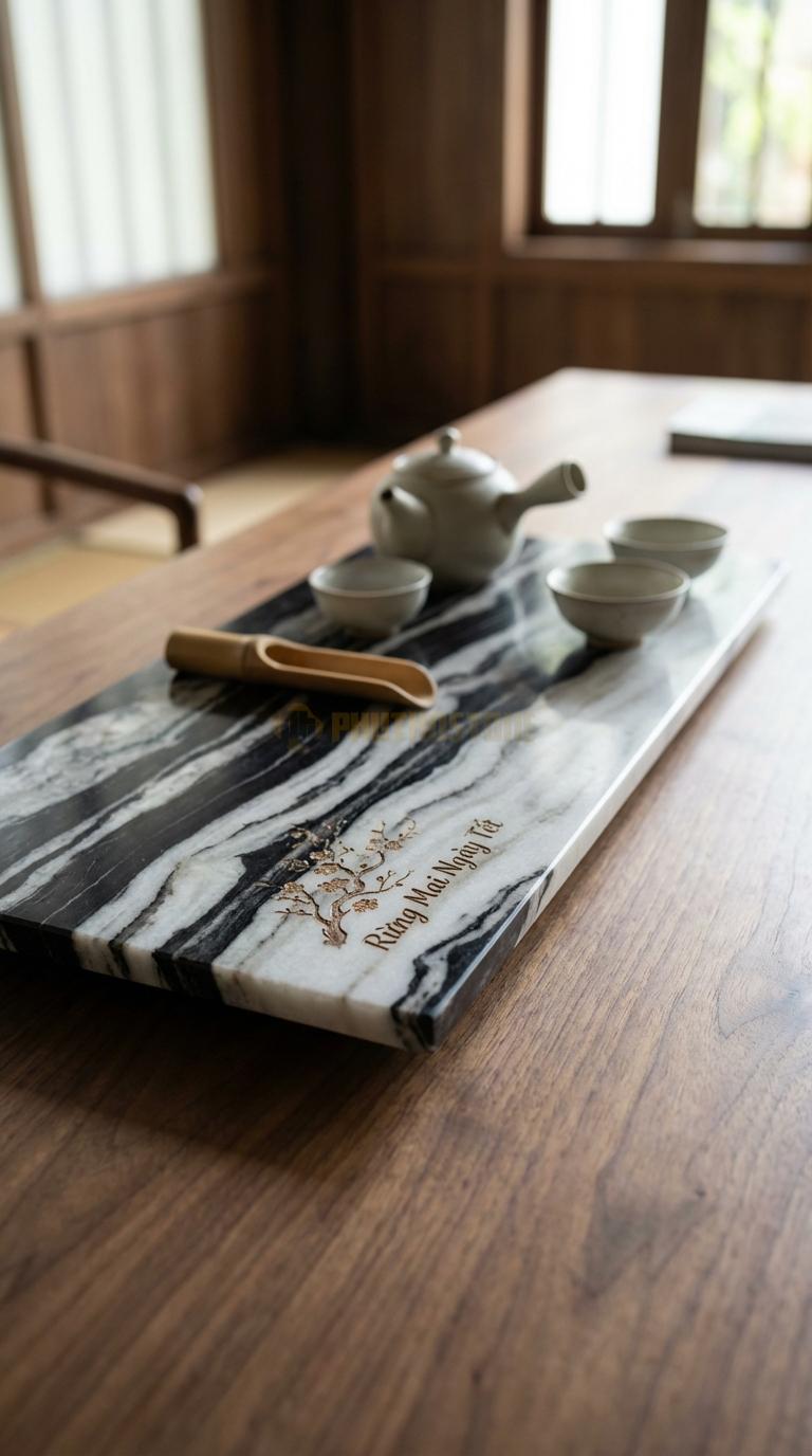 Khay Trà Đá Tuyết Sơn Họa Tiết “Rừng Mai Ngày Tết” (Gốc Mai Già Trổ Hoa). Kích Thước 68 x 38 x 5 Cm.