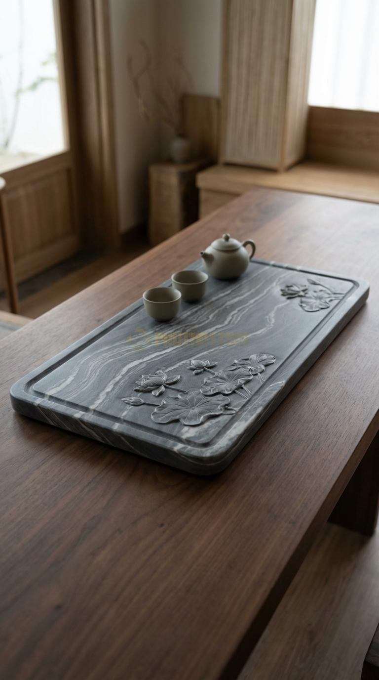 Khay Trà Đá Vân Mây Họa Tiết “Hoa Sen Nở” (Hồ Sen Với Lá Và Hoa Chạm Nổi 3D). Kích Thước 65 x 38 x 4.5 Cm.