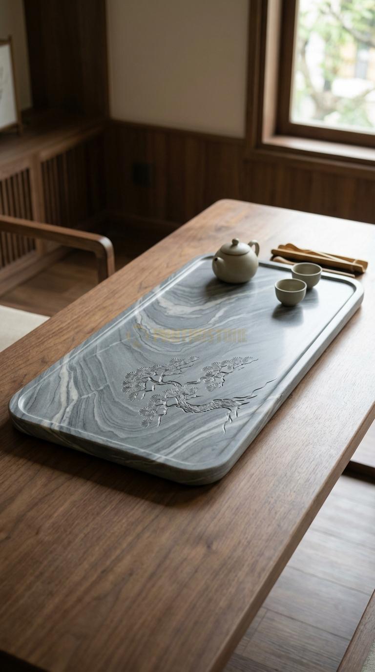 Khay Trà Đá Vân Mây Họa Tiết “Tùng Nghênh Khách” (Cây Tùng Cổ Thụ Vươn Cành Đón Khách). Kích Thước 80 x 45 x 6 Cm.